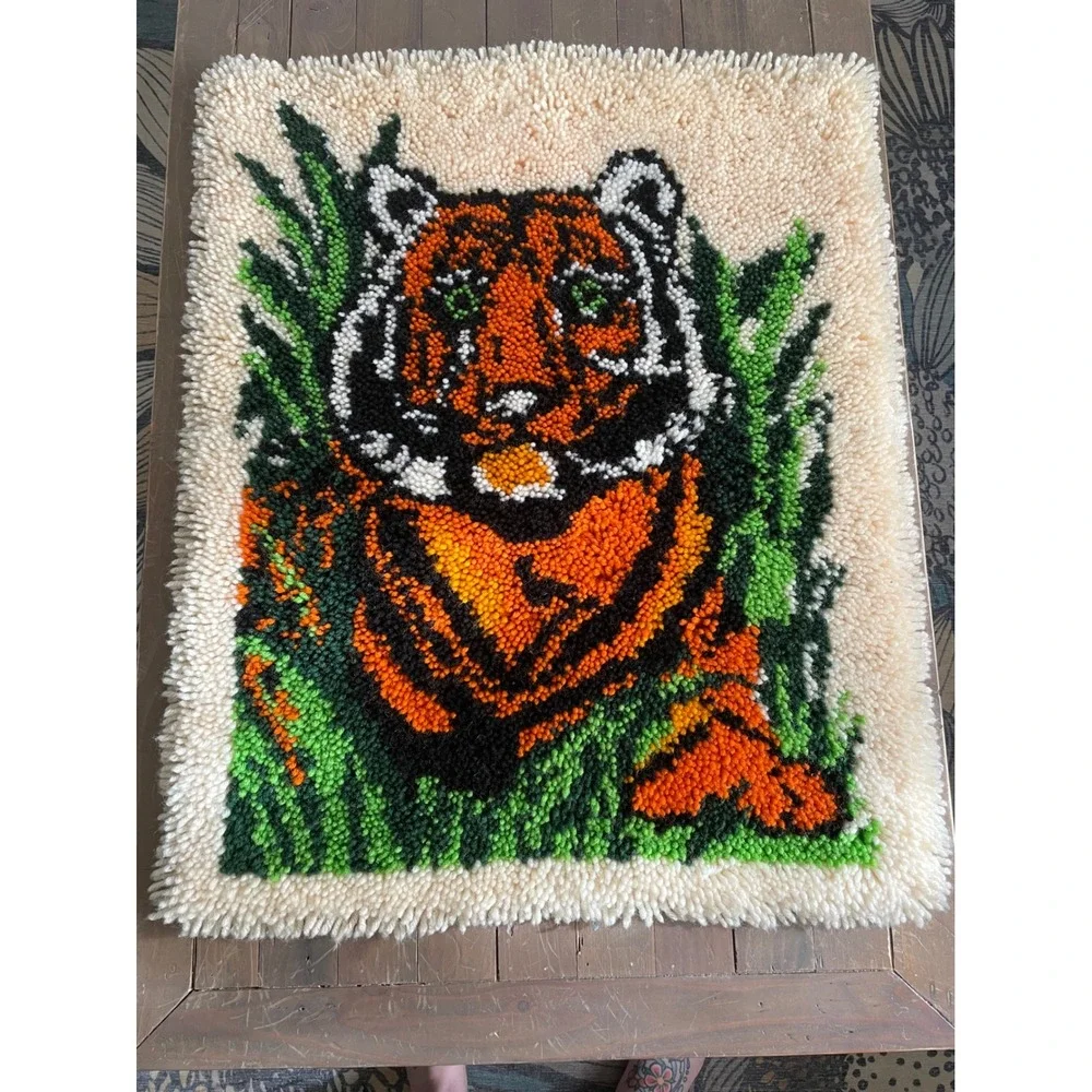 Vintage 70's Tiger Latch Hook‎ Rug Wall Hanging Art Jungle Decor